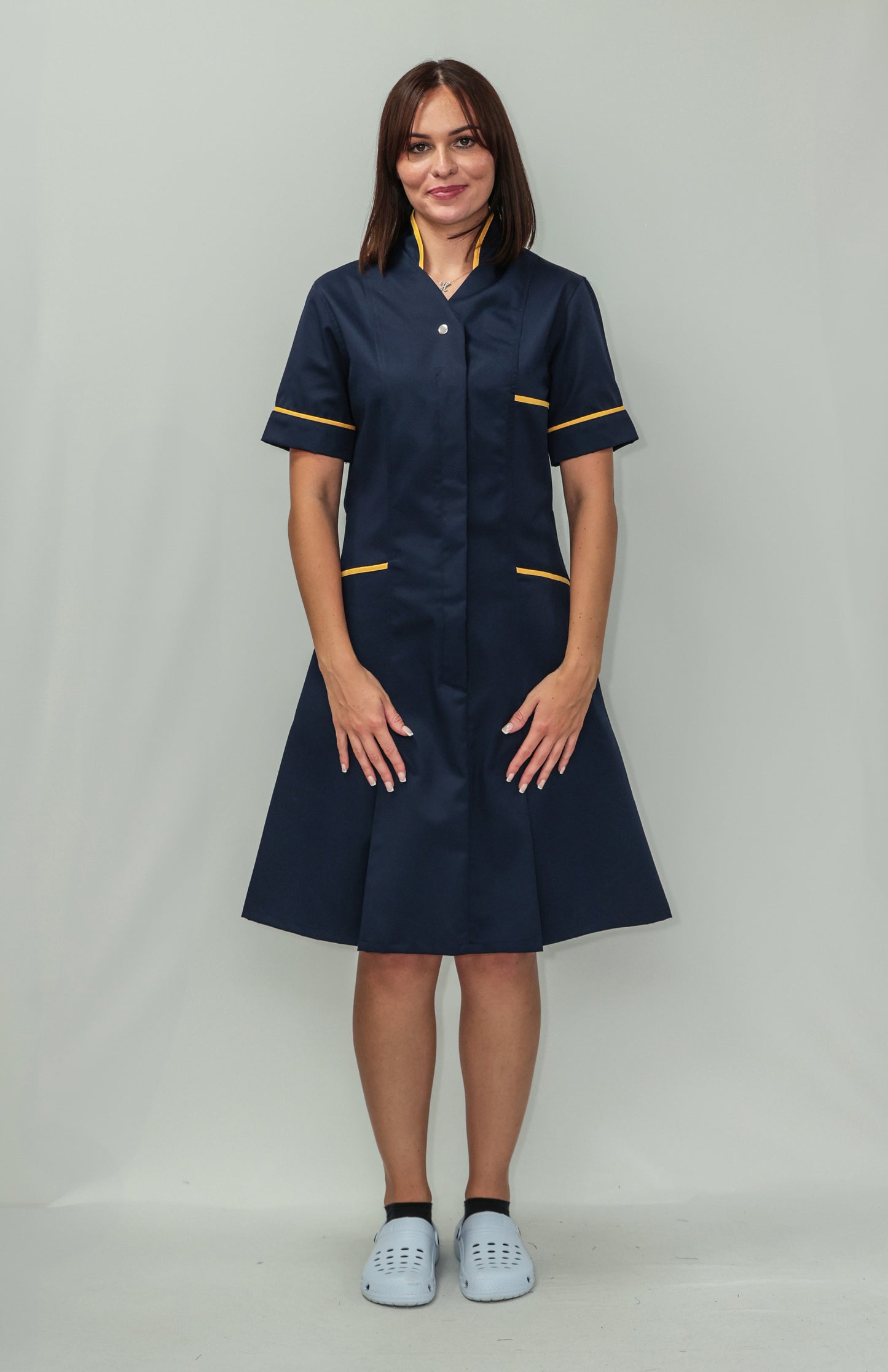 Nurses Dress Mandarin Collar Yellow Piping